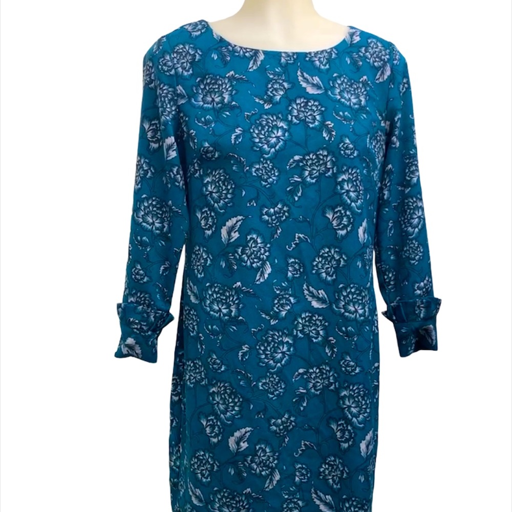 BANANA REPUBLIC Sz 0P Dress Blue Floral 3/4 Victorian Cuff Sleeve Modern